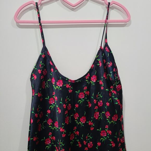 Womens Sz S Black Satin Magenta Floral Slip Dress Mini Dress Strappy Lingerie - Picture 3 of 4